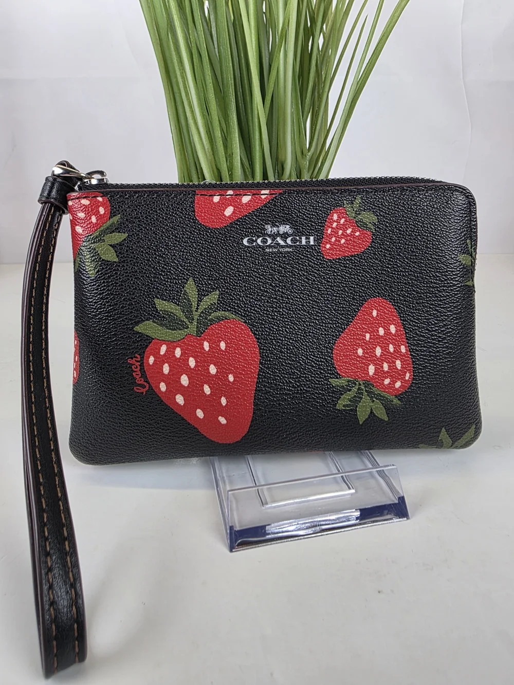 Coach Strawberey Black Leather Wristlet Clutch Bag